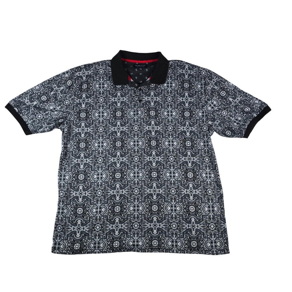 Silver Stone Collection Paisley Polo Shirt Mens XXXL Black White Geometric Print